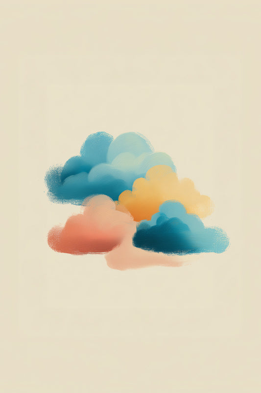 Colorful Cloud Nursery Wall Art Print, Teal Peach Yellow Brushstroke Sky, Modern Kids Room & Playroom Decor