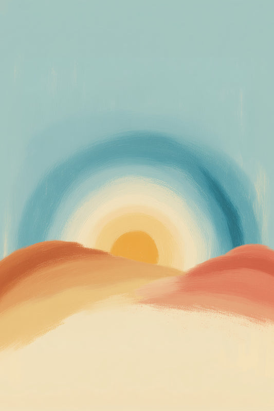 Pastel Sun Over Desert Hills Nursery Wall Art, Minimalist Boho Landscape Print for Kids Room Decor