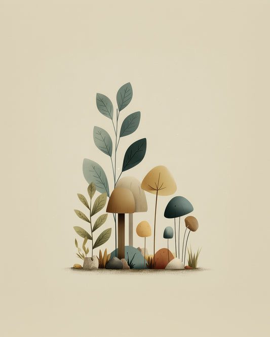 Minimal Woodland Mushroom Nursery Wall Art, Scandinavian Botanical Print, Neutral Sage Teal Mustard Kids Room Decor