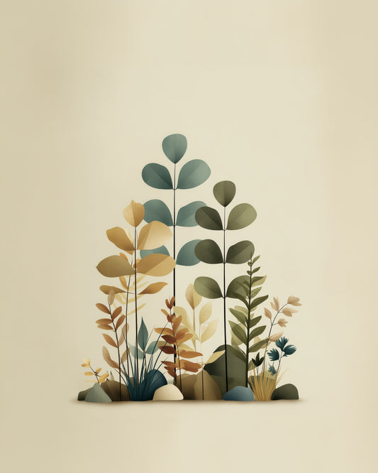 Minimal Botanical Leaves Nursery Wall Art, Scandinavian Nature Print, Neutral Green Mustard Kids Room Decor