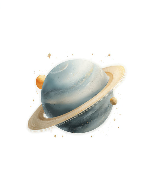 Watercolor Saturn Planet Nursery Wall Art Print, Neutral Blue Gold Space Kids Room Decor