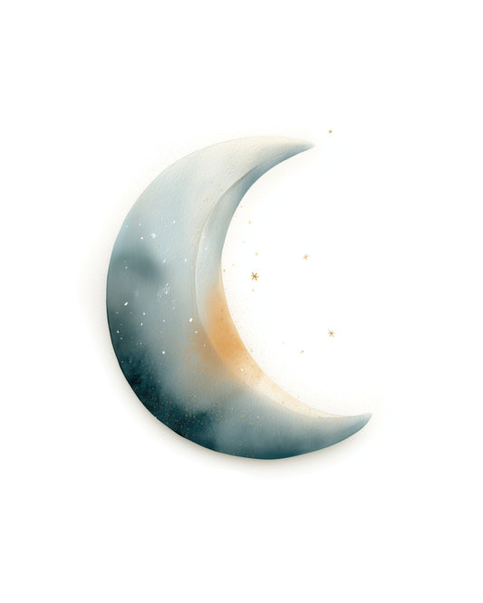 Watercolor Crescent Moon Nursery Wall Art Print, Neutral Teal Gold Stars, Minimal Baby Room Decor