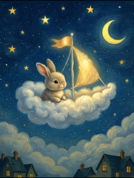 Dreamy Bunny Sailing a Cloud Under Moon and Stars - Whimsical Night Sky Digital Illustration Nursery Wall Art Print