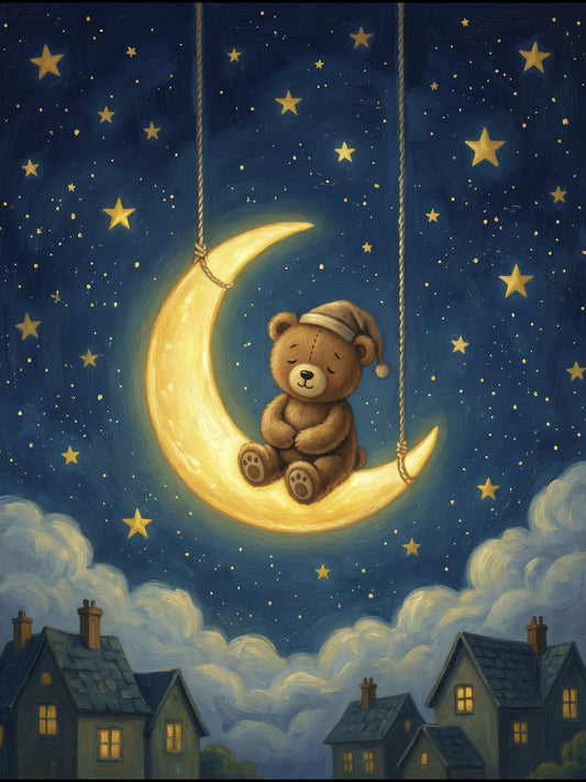 Sleepy Teddy on a Crescent Moon – Whimsical Celestial Night Sky Digital Illustration in Navy and Gold for Nursery Wall Art