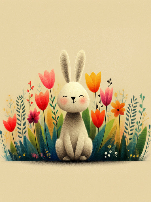Smiling Bunny Among Wildflowers – Minimalist Nursery Wall Art Print in Soft Beige and Pastel Tones