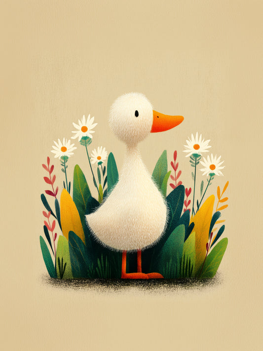 Whimsical Duckling in a Wildflower Garden – Gentle Minimalist Illustrative Nursery Wall Art on Soft Beige