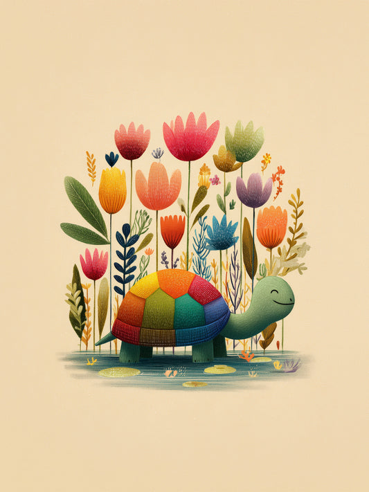 Rainbow Shell Turtle with Garden Flowers – Whimsical Nursery Wall Art Illustration on Beige