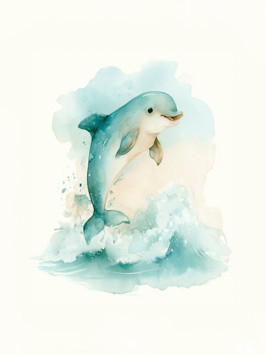 Playful Dolphin Splash Watercolor – Whimsical Ocean Nursery Wall Art in Soft Blue and Seafoam