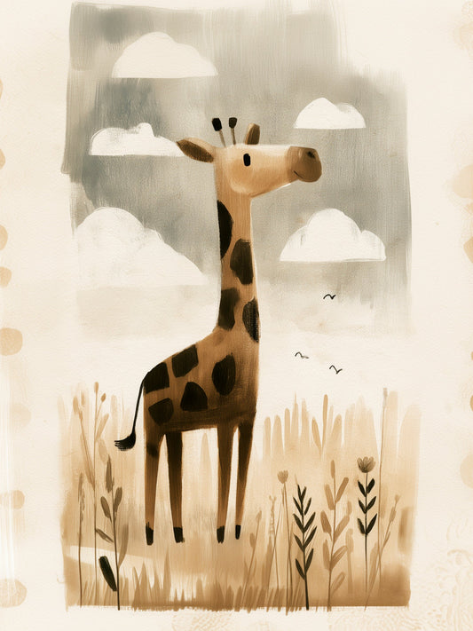 Whimsical Giraffe in Meadow – Neutral Safari Nursery Wall Art, Soft Watercolor Illustration in Beige and Brown