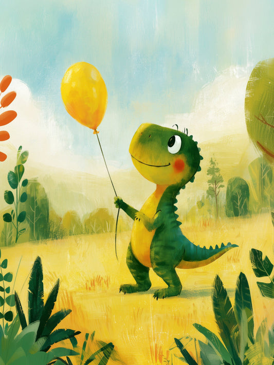 Smiling Dinosaur with Yellow Balloon in a Sunny Meadow – Whimsical Green Dino Illustration for Nursery and Kids Room