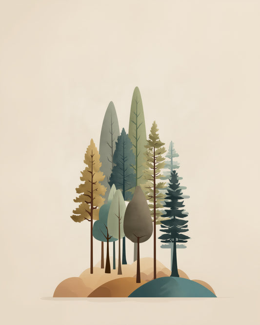 Minimal Woodland Trees Nursery Wall Art, Scandinavian Forest Print, Neutral Sage Teal Mustard Kids Room Decor