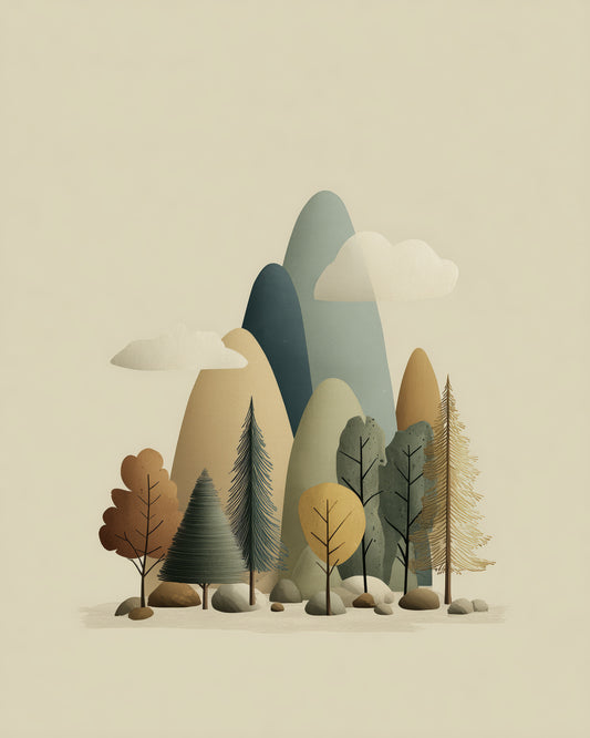 Minimal Mountain Forest Nursery Wall Art, Scandinavian Woodland Landscape, Neutral Kids Room Decor