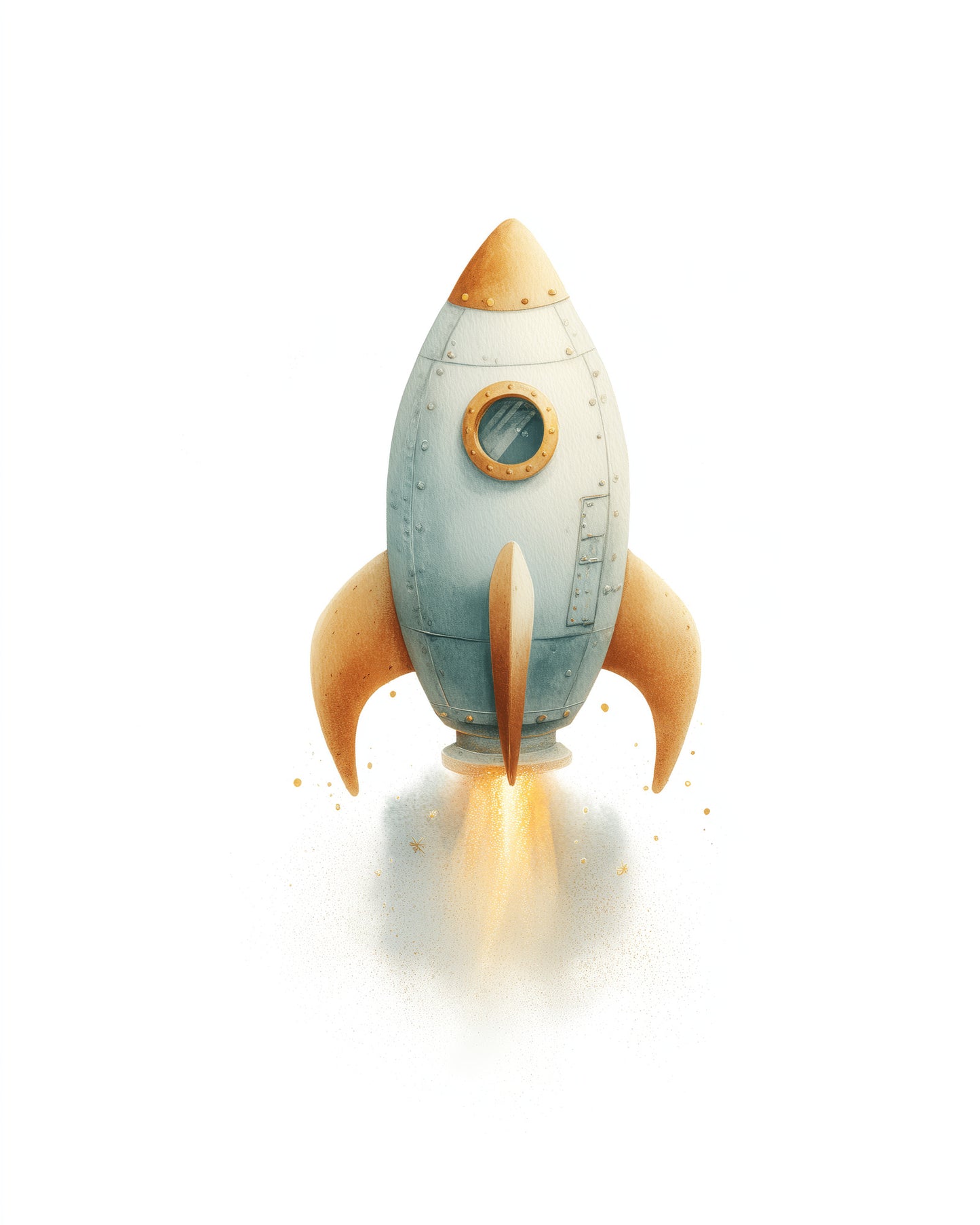 Watercolor Rocket Ship Nursery Wall Art Print, Space Theme Kids Room Decor
