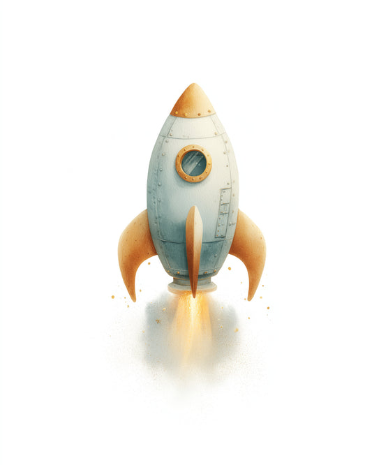Watercolor Rocket Ship Nursery Wall Art Print, Space Theme Kids Room Decor