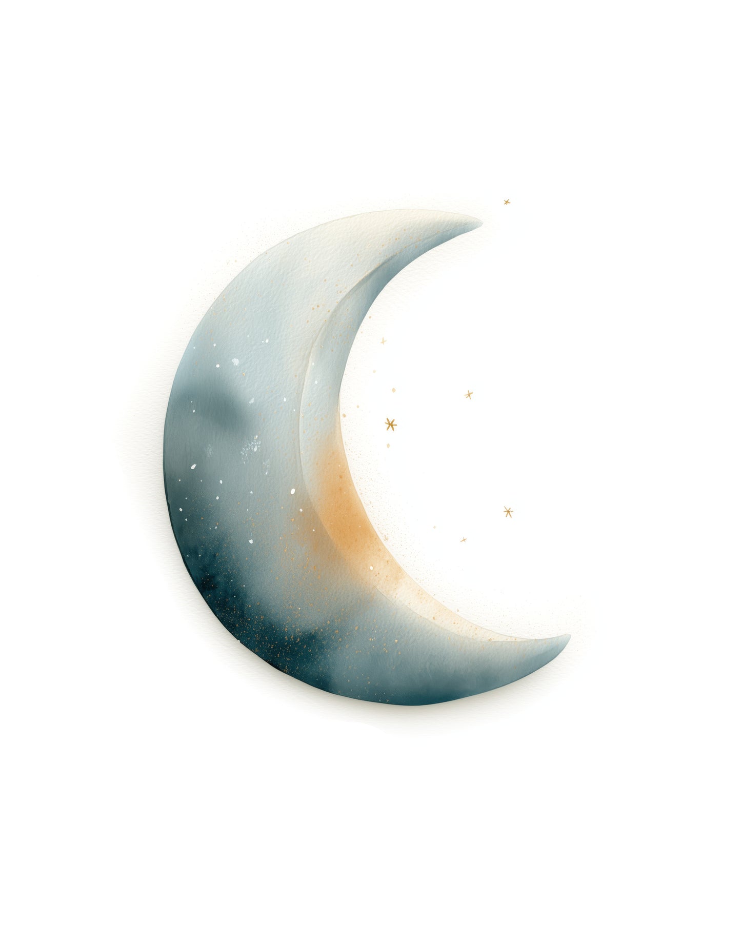Watercolor Crescent Moon Nursery Wall Art Print, Neutral Teal Gold Stars, Minimal Baby Room Decor