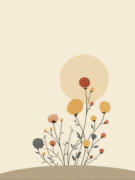 Blooming Florals & Sun – Boho Nursery Wall Art | Minimal Floral Sun Print for Kids Room