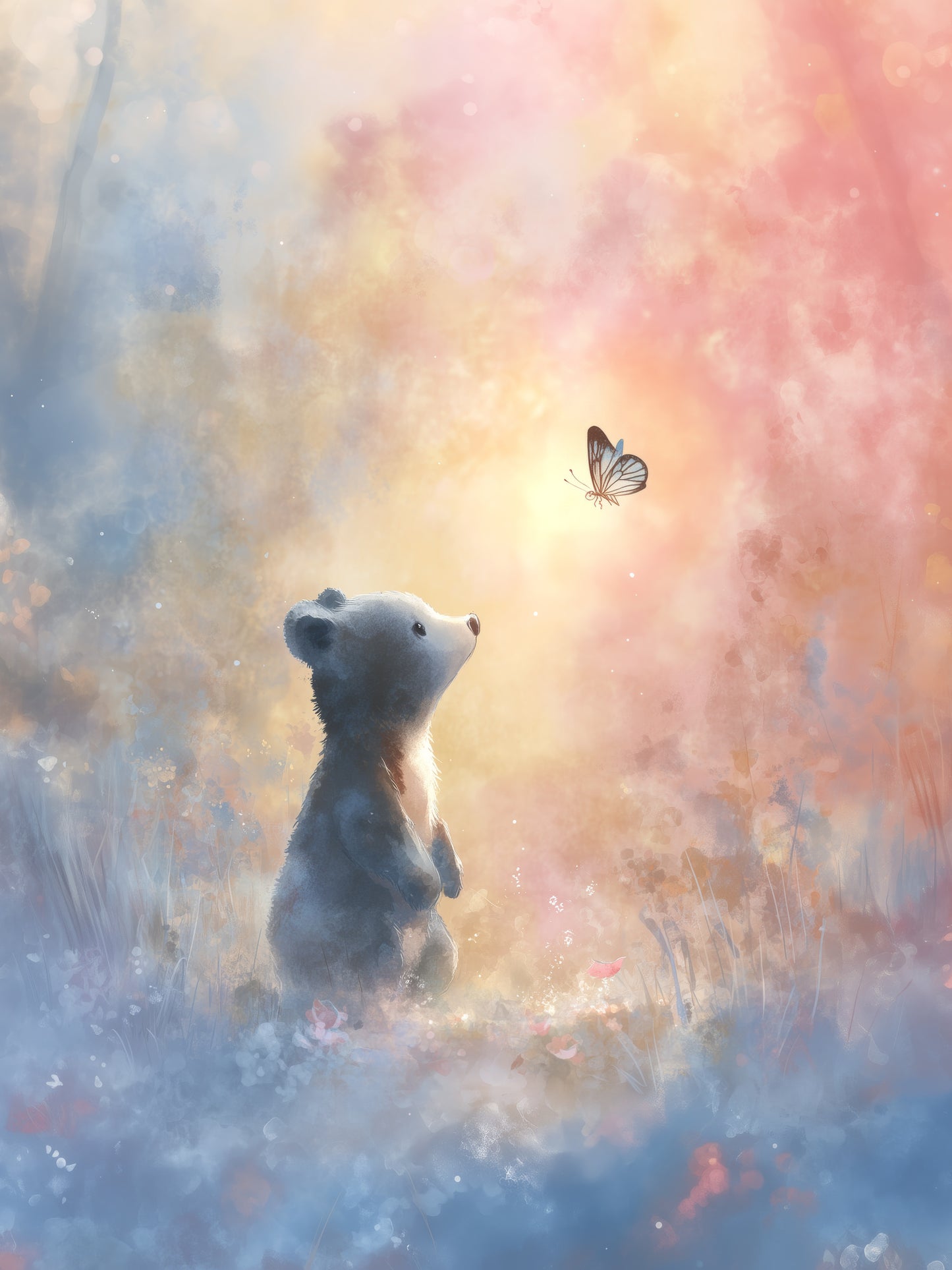 Little Bear and Butterfly Dreamscape – Whimsical Digital Watercolor Nursery Wall Art