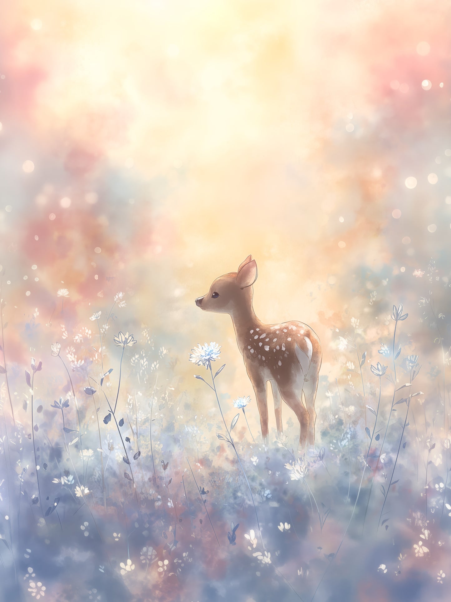Dreamy Fawn in a Wildflower Meadow – Soft Pastel Digital Watercolor Nursery Art Print
