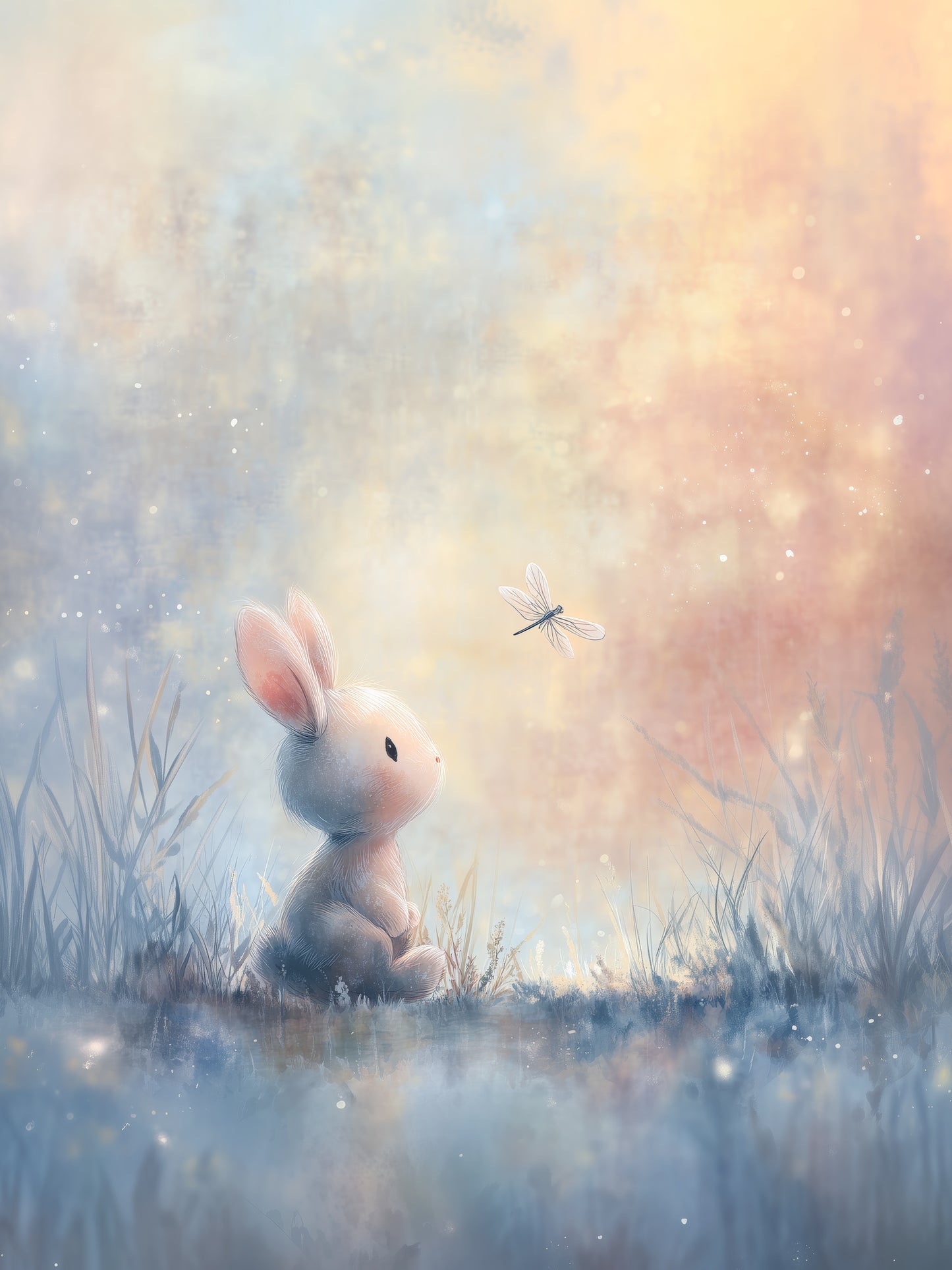 Dreamy Bunny and Dragonfly Meadow - Whimsical Pastel Digital Painting Nursery Wall Art