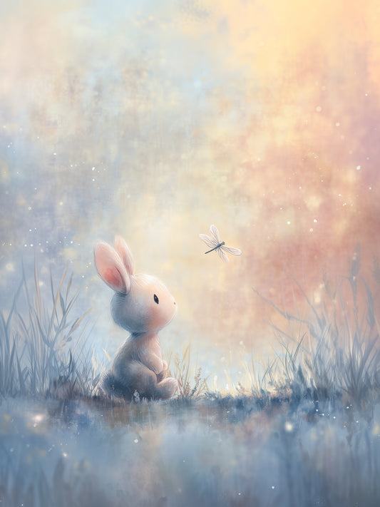 Dreamy Bunny and Dragonfly Meadow - Whimsical Pastel Digital Painting Nursery Wall Art