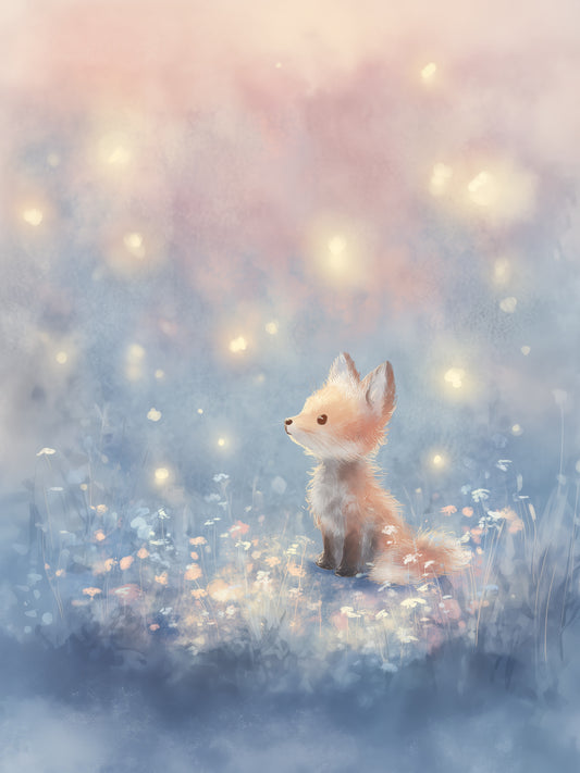 Whimsical Baby Fox with Fireflies in Pastel Twilight Meadow – Digital Painting Wall Art Print