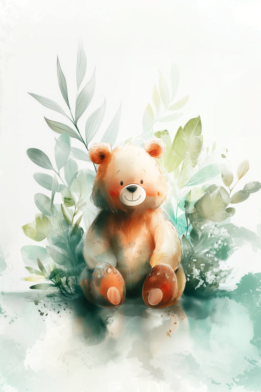 Botanical Teddy Bear – Soft Digital Watercolor Nursery Wall Art in Sage Green and Peach