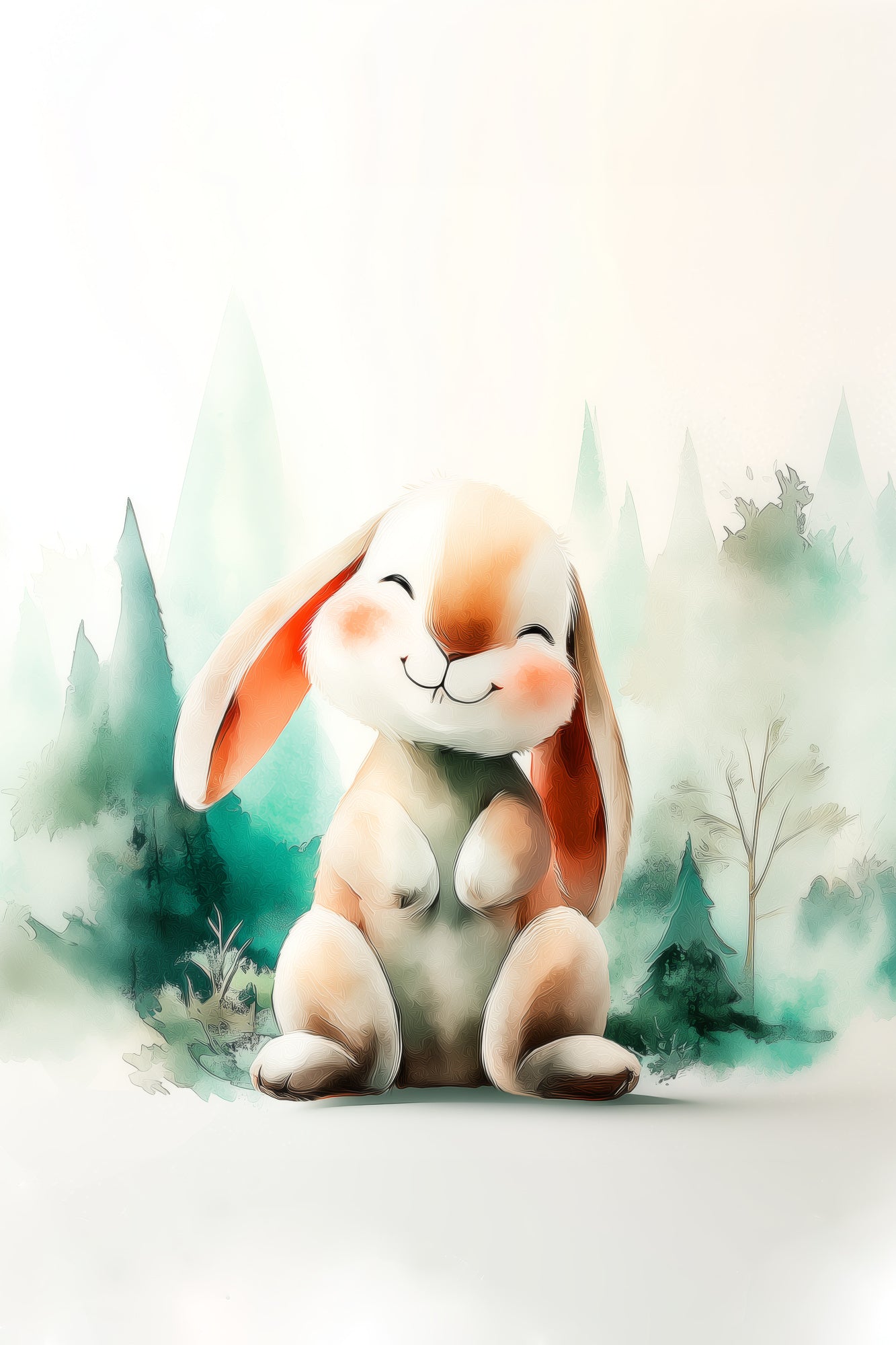 Smiling Woodland Bunny Watercolor – Whimsical Nursery Wall Art in Soft Green and Peach
