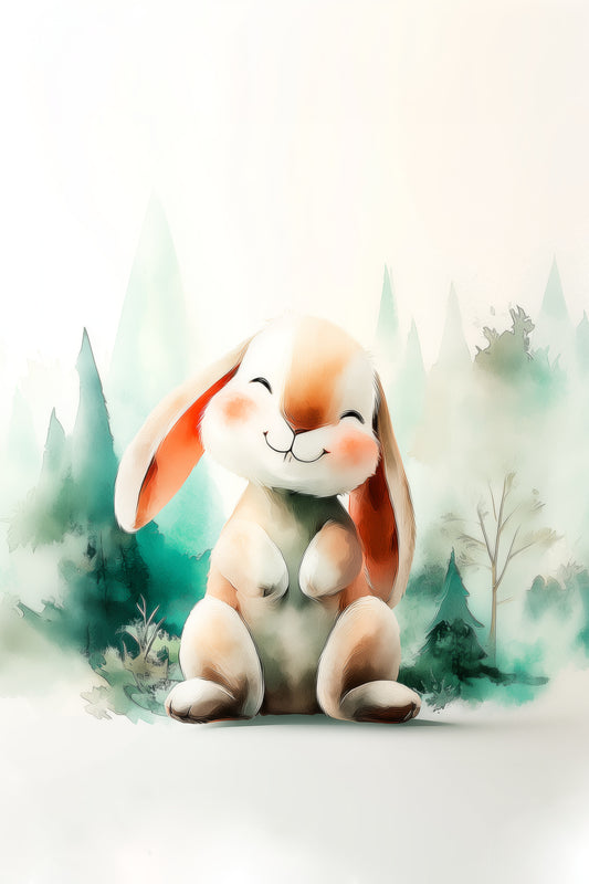 Smiling Woodland Bunny Watercolor – Whimsical Nursery Wall Art in Soft Green and Peach