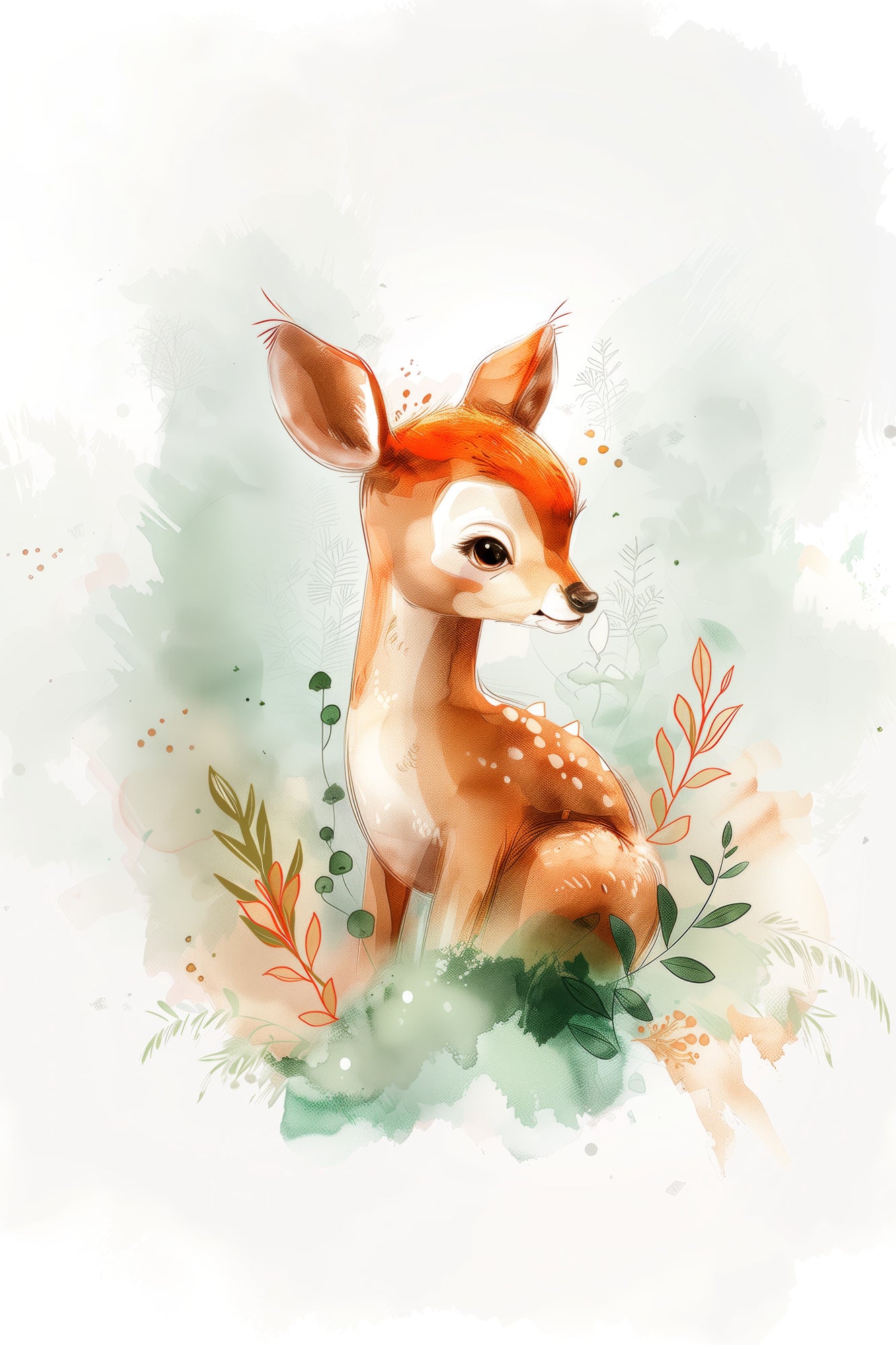 Whimsical Woodland Fawn Watercolor Print – Gentle Baby Deer Nursery Wall Art in Soft Greens and Warm Browns