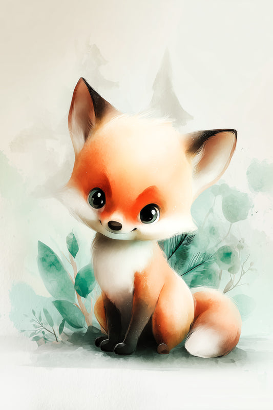 Cute Woodland Baby Fox Watercolor Art Print – Soft Orange and Mint Nursery Wall Decor