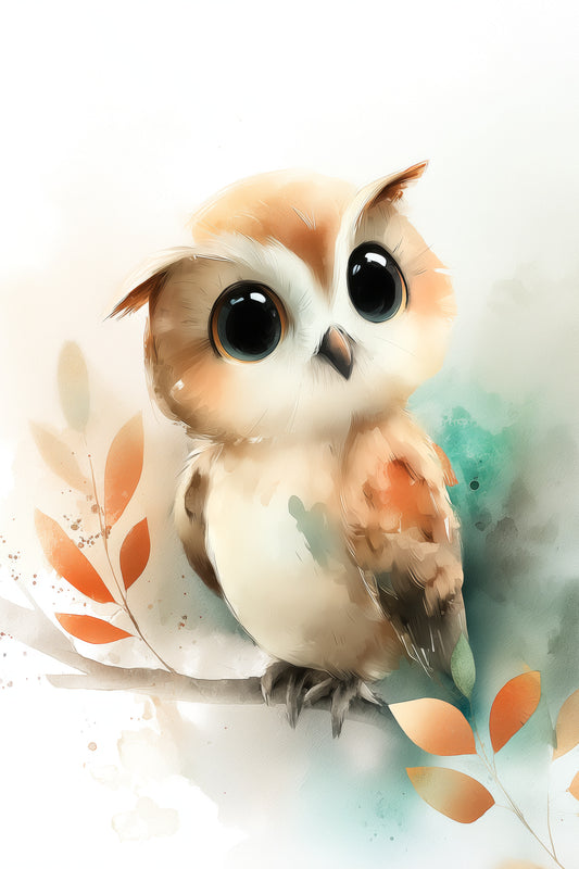 Whimsical Baby Owl Watercolor Art Print – Woodland Nursery Wall Art in Soft Beige, Teal, and Orange