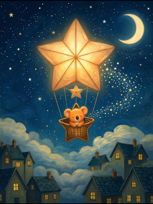 Sleepy Koala in Star Balloon Over Moonlit Village – Dreamy Celestial Nursery Wall Art Print, Digital Illustration