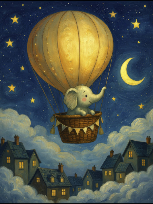 Dreamy Elephant Balloon Ride Under Moon and Stars - Whimsical Gouache Nursery Wall Art Print