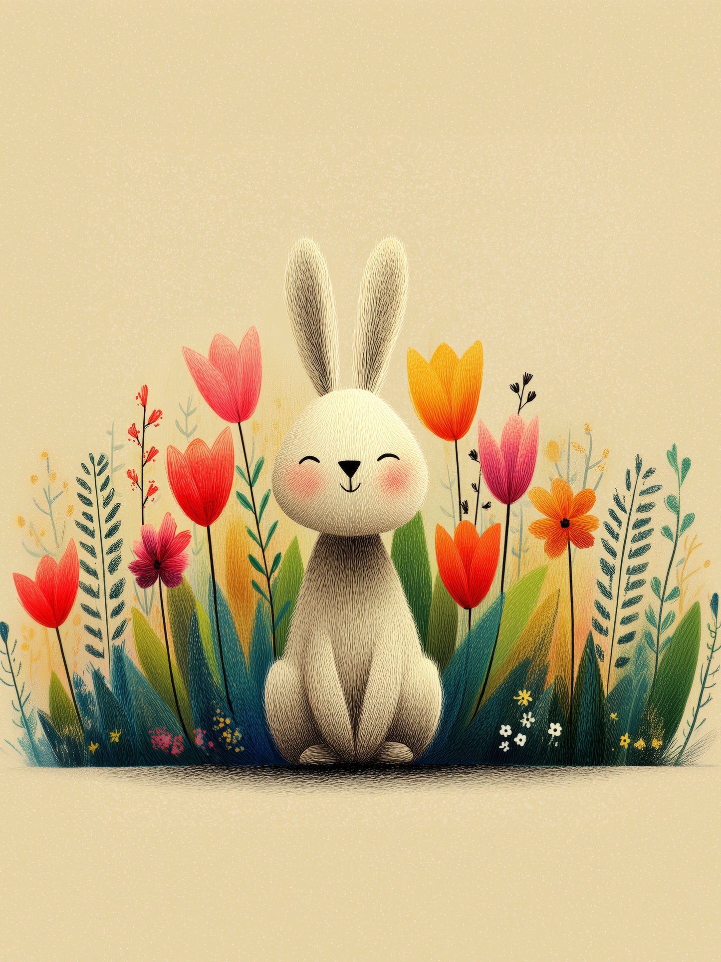 Smiling Bunny Among Wildflowers – Minimalist Nursery Wall Art Print in Soft Beige and Pastel Tones