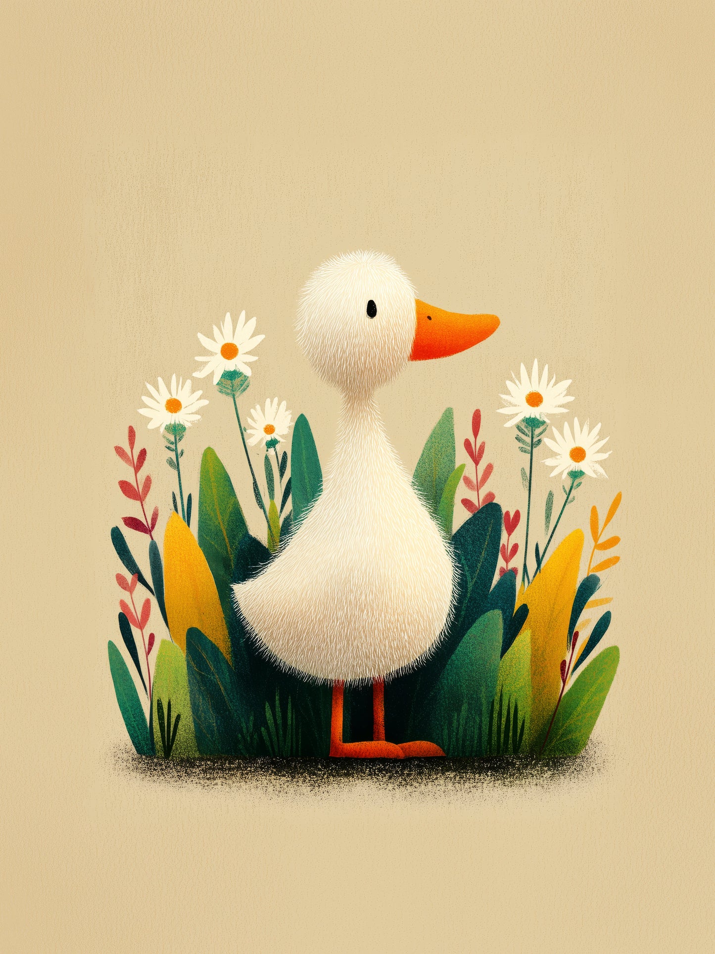 Whimsical Duckling in a Wildflower Garden – Gentle Minimalist Illustrative Nursery Wall Art on Soft Beige