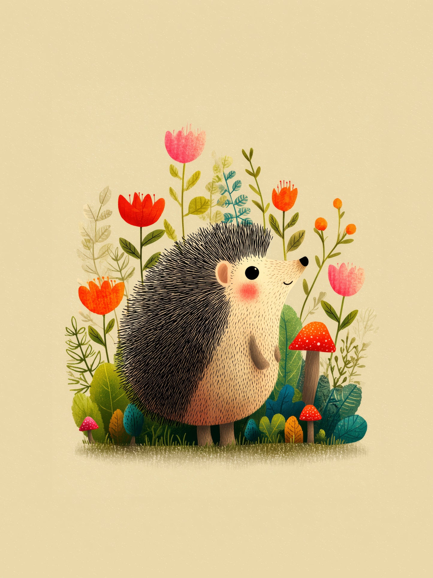 Whimsical Woodland Hedgehog with Wildflowers and Mushrooms — Cute Animal Nursery Wall Art on Beige