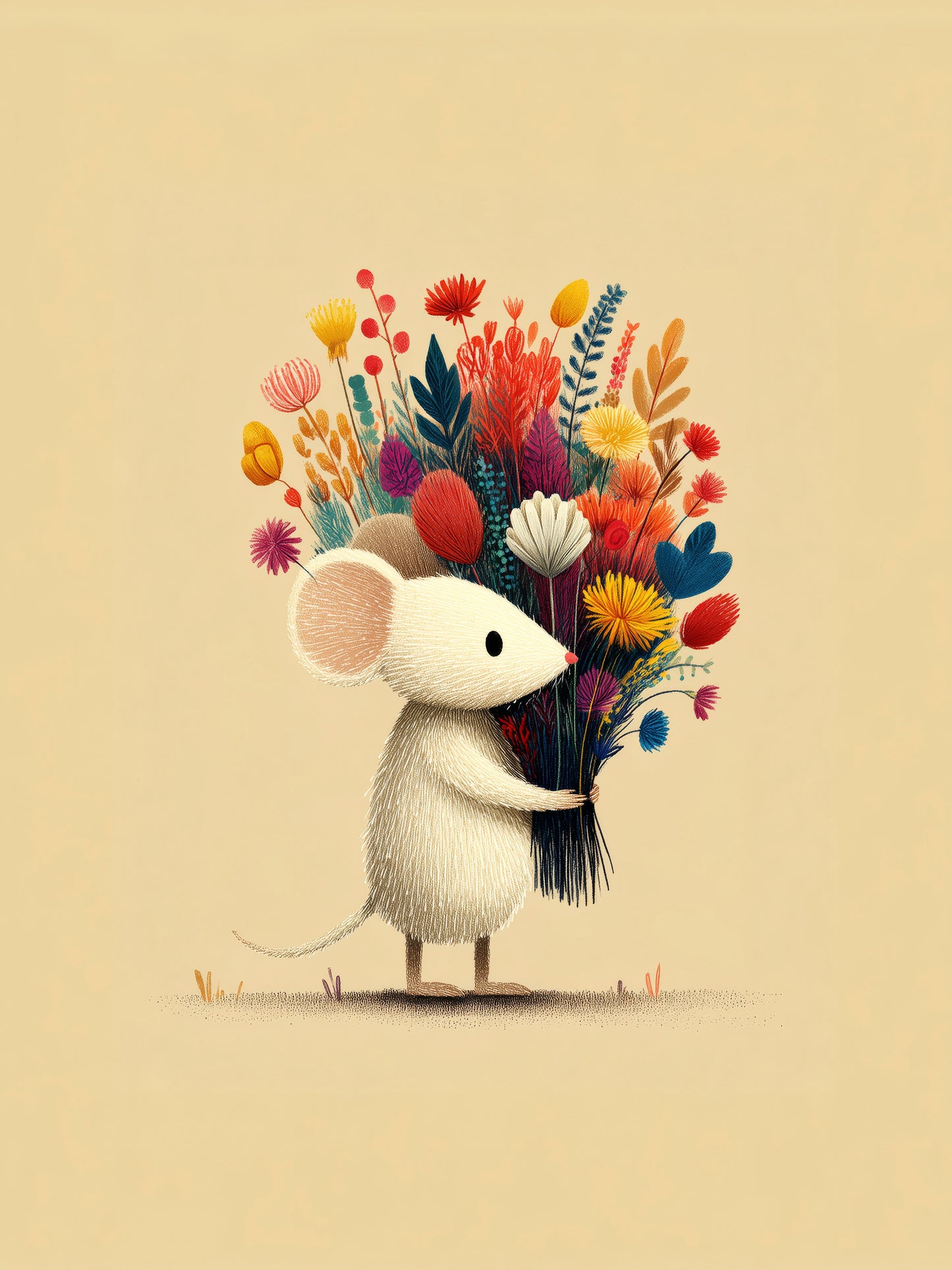Whimsical Little Mouse with Wildflower Bouquet – Minimalist Nursery Wall Art Illustration on Soft Beige