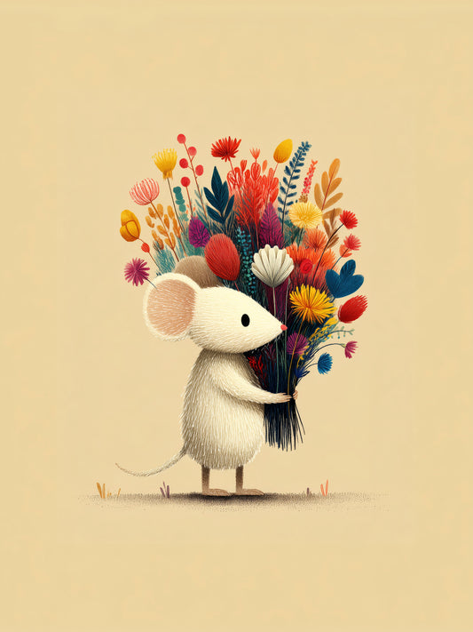 Whimsical Little Mouse with Wildflower Bouquet – Minimalist Nursery Wall Art Illustration on Soft Beige