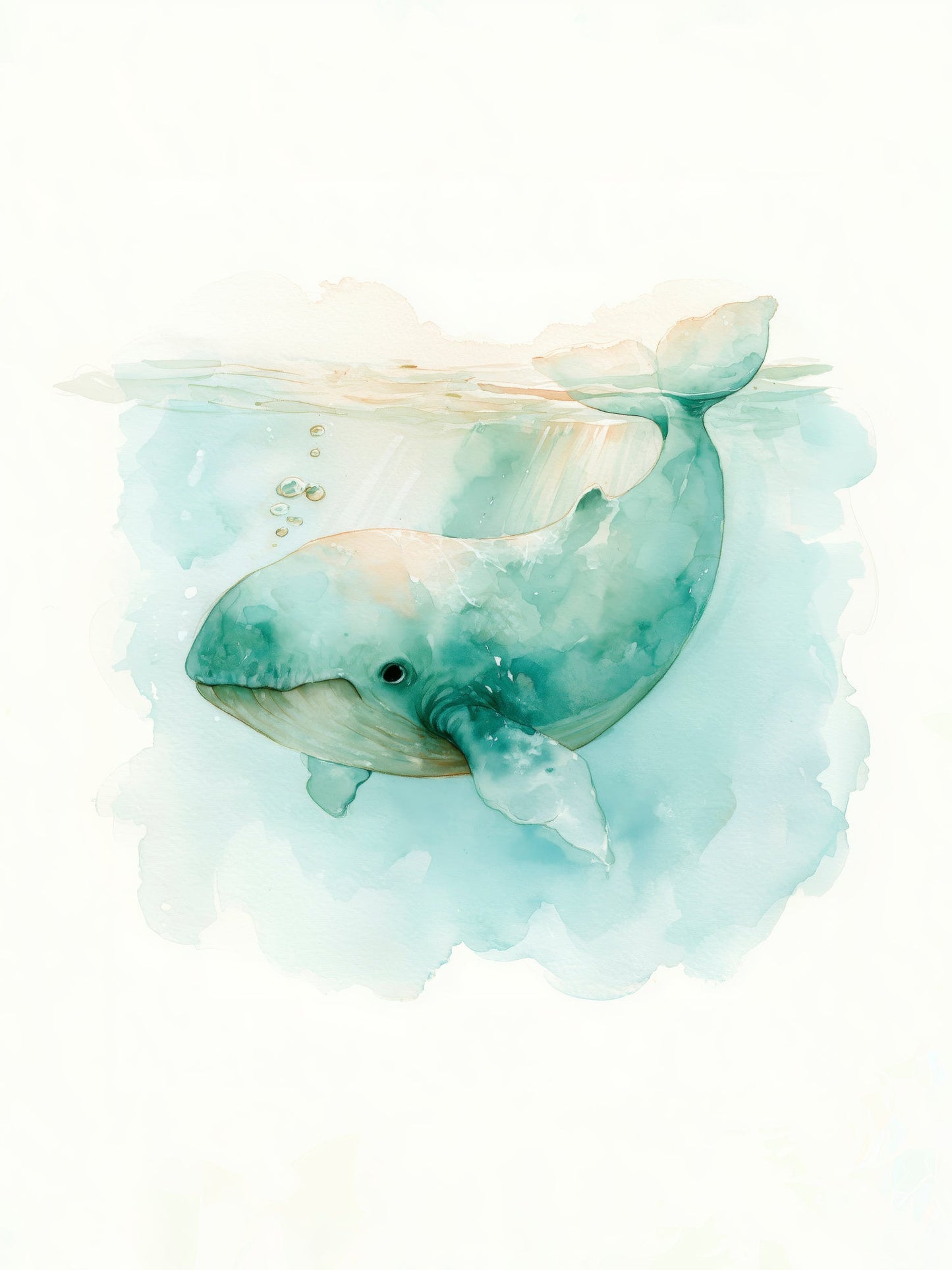 Gentle Seafoam Whale Watercolor – Calming Ocean Nursery Wall Art, Whimsical Coastal Animal Illustration