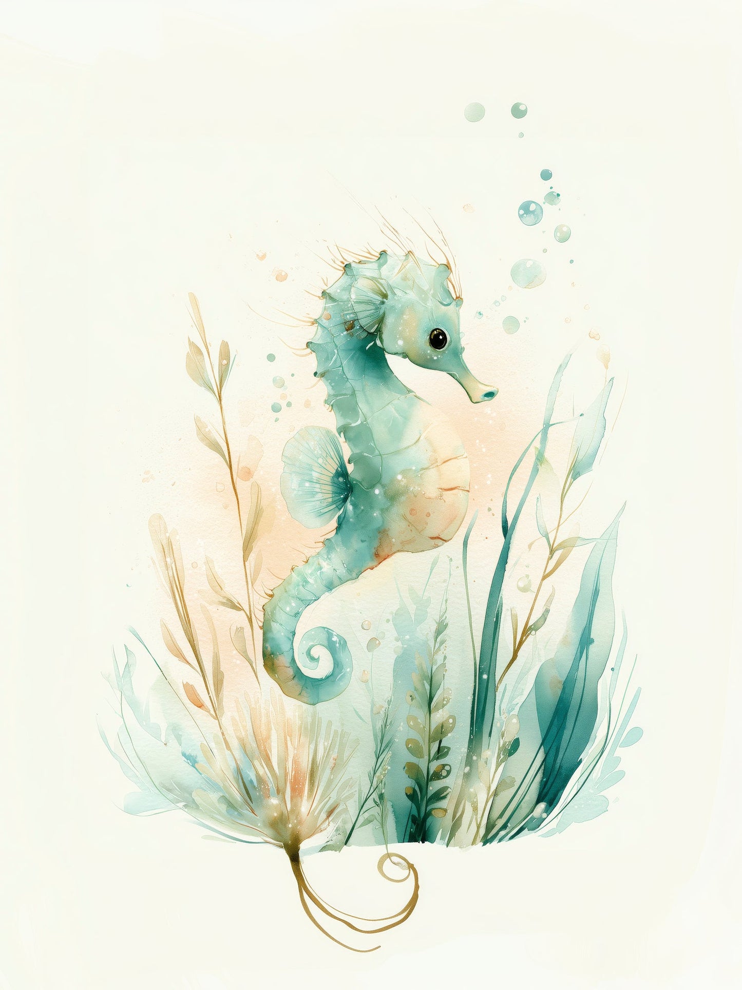 Whimsical Seahorse Watercolor Print in Soft Blue and Green – Calming Coastal Ocean Nursery Wall Art