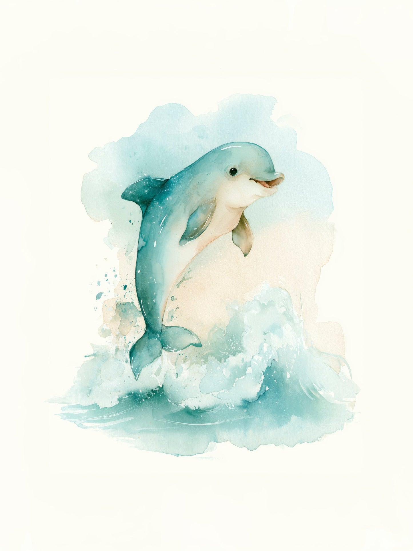 Playful Dolphin Splash Watercolor – Whimsical Ocean Nursery Wall Art in Soft Blue and Seafoam