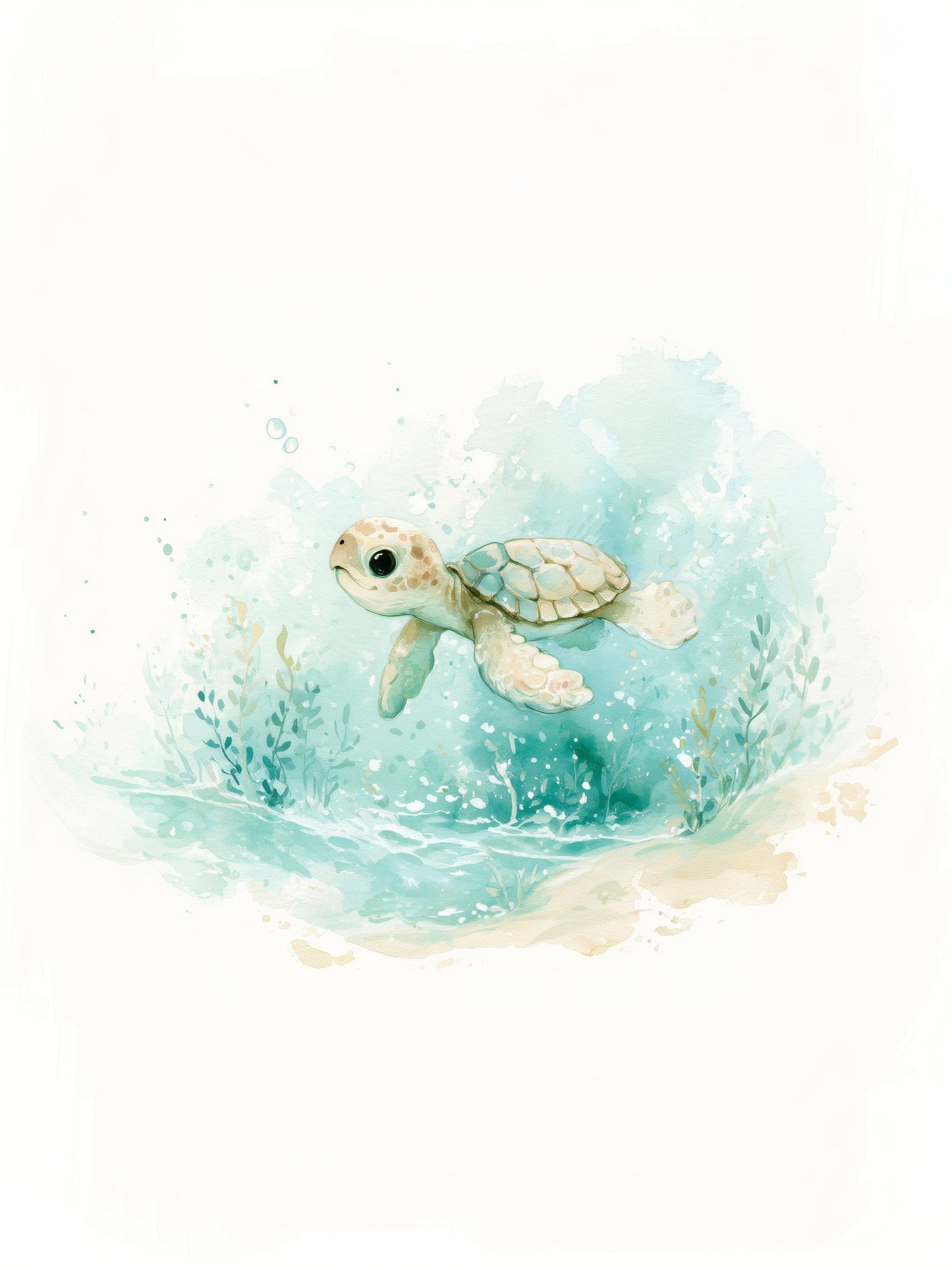 Baby Sea Turtle Watercolor – Whimsical Ocean Nursery Wall Art in Soft Aqua and Mint