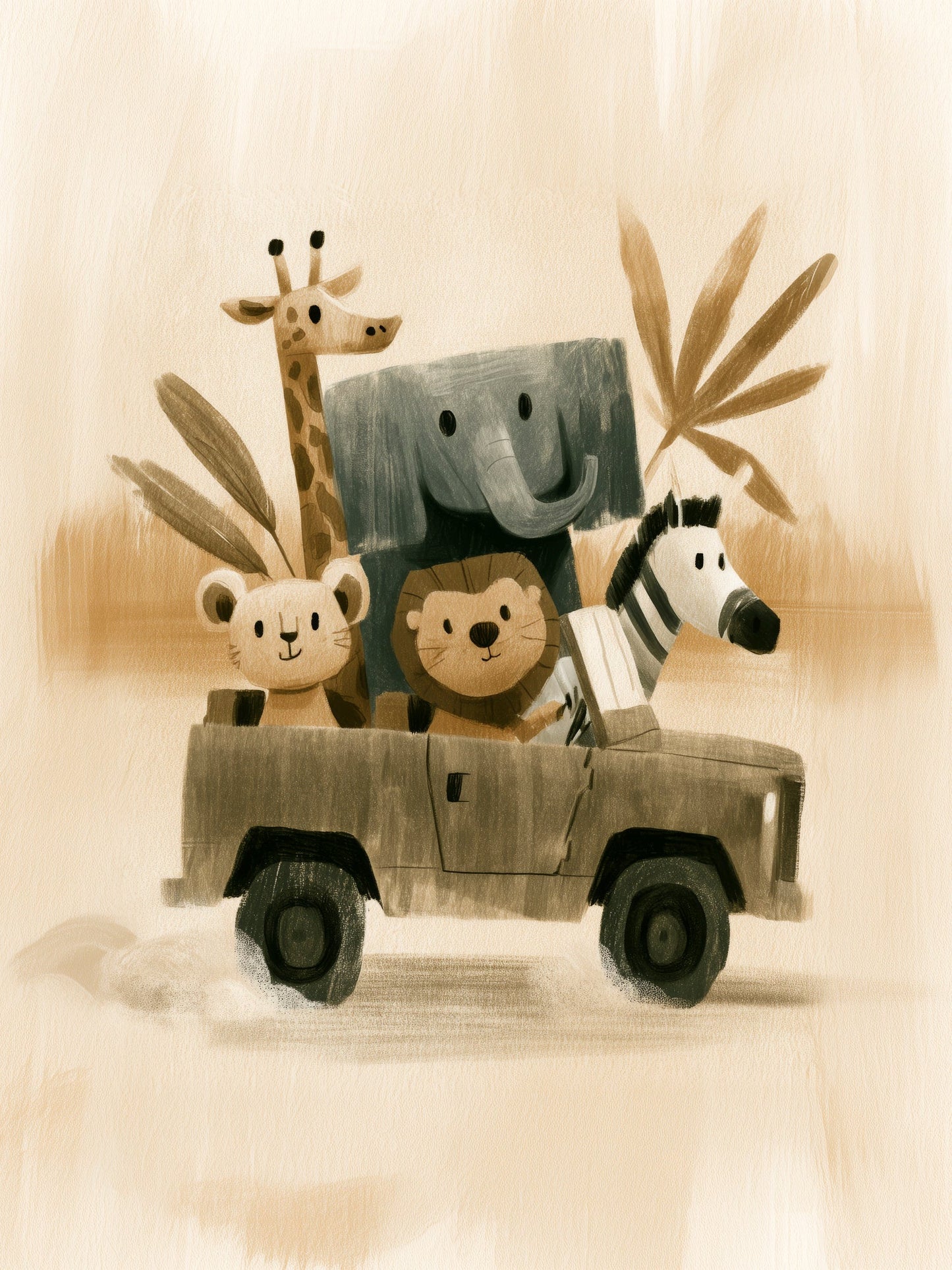 Safari Friends Road Trip – Whimsical Neutral Animal Illustration for Nursery Wall Art