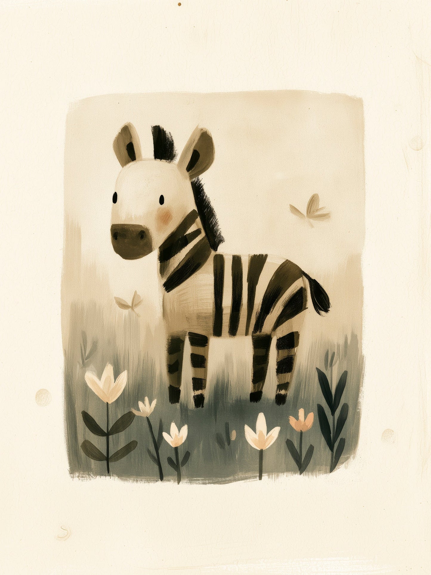 Whimsical Zebra in Wildflower Meadow - Minimalist Nursery Animal Illustration in Soft Neutrals