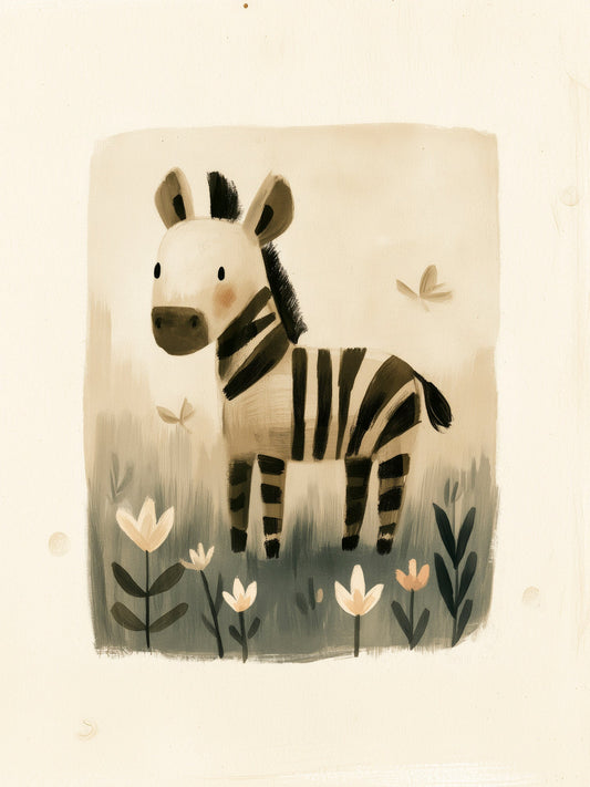 Whimsical Zebra in Wildflower Meadow - Minimalist Nursery Animal Illustration in Soft Neutrals