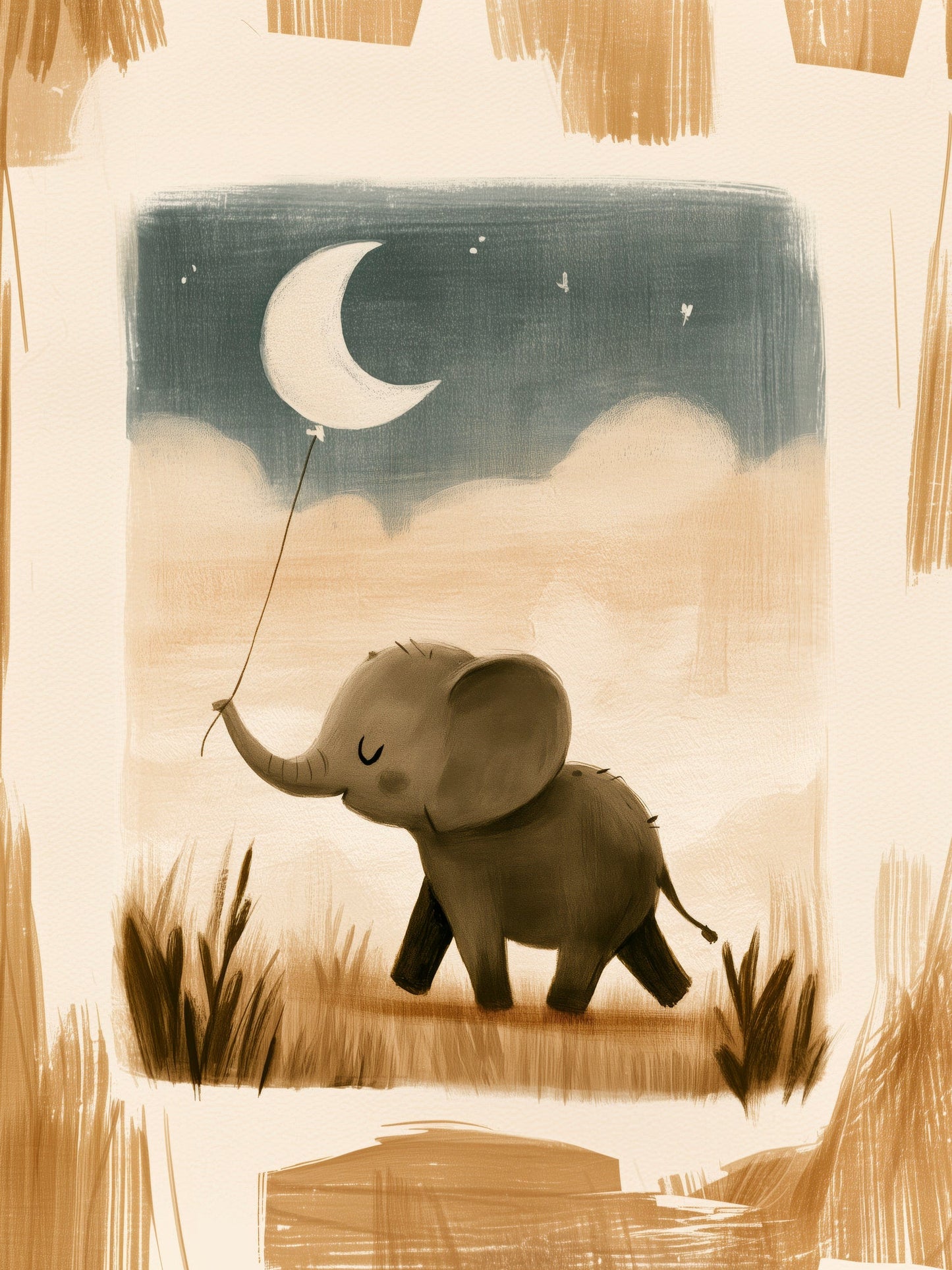 Baby Elephant with Moon Balloon — Whimsical Minimalist Safari Nursery Illustration in Warm Neutrals