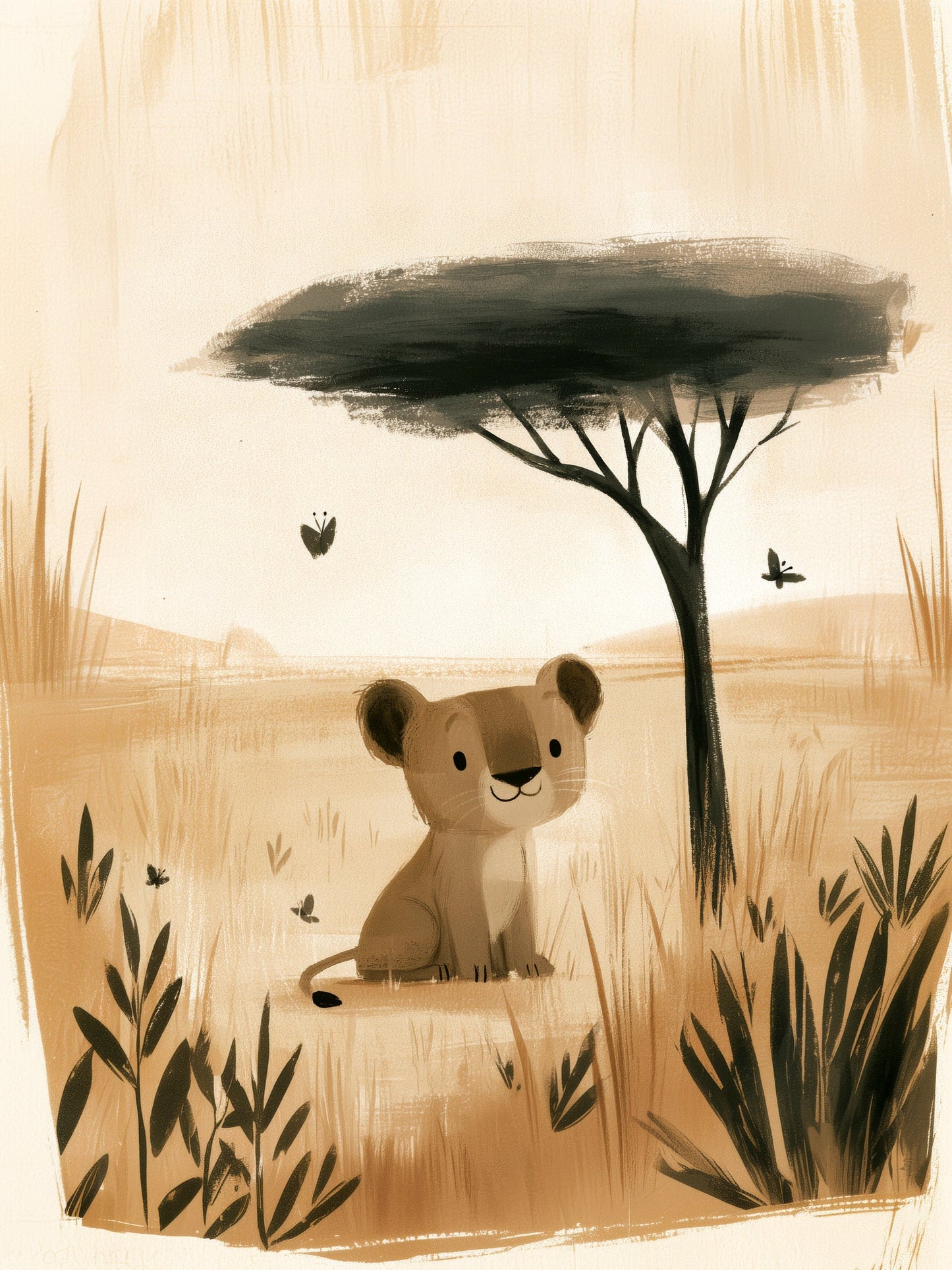 Cute Baby Lion Cub in the Savanna – Minimalist Safari Illustration in Warm Neutrals for Nursery and Kids Room