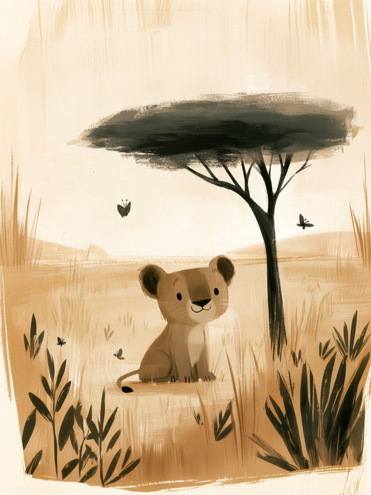 Cute Baby Lion Cub in the Savanna – Minimalist Safari Illustration in Warm Neutrals for Nursery and Kids Room