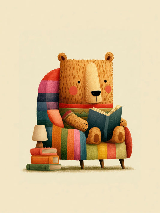 Cozy Reading Bear in Rainbow Stripe Armchair – Whimsical Nursery Animal Illustration Wall Art