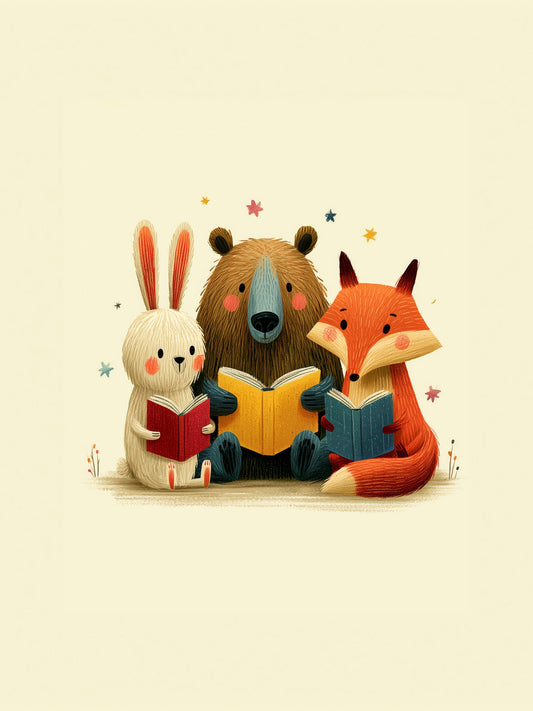 Storytime Forest Friends Minimalist Animal Illustration for Nursery and Kids Room with Fox Bear and Bunny Reading Books